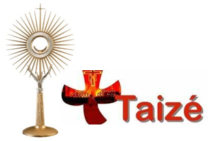 Obraz złożony z dwóch elementów: monstrancji i Logo Taize (krzyż i nazwa: Taize)